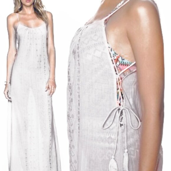 Nanette Lepore Calcutta Cotton Voile Lace Up Tassel Swim Cover Up Maxi Dress SM - Picture 3 of 12